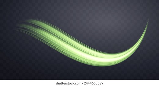 Glowing green lines. Neon realistic energy speed. Abstract light effect on a dark transparent background. Vector illustration.