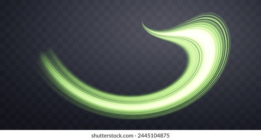Glowing green lines. Neon realistic energy speed. Abstract light effect on a dark transparent background. Vector illustration.