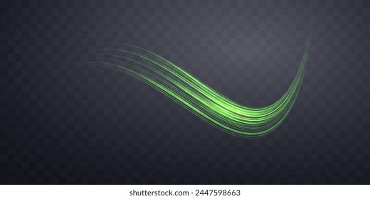 Glowing green lines. Neon realistic energy speed. Abstract light effect on a dark transparent background. Vector illustration.