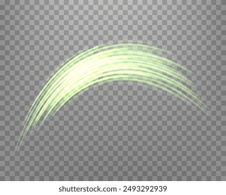 Glowing green lines. Neon realistic energy speed. Abstract light effect on a transparent background. Vector illustration.