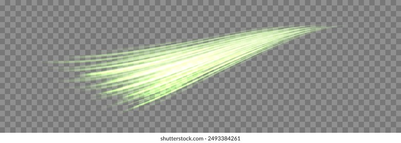 Glowing green lines. Neon realistic energy speed. Abstract light effect on a transparent background. Vector illustration.