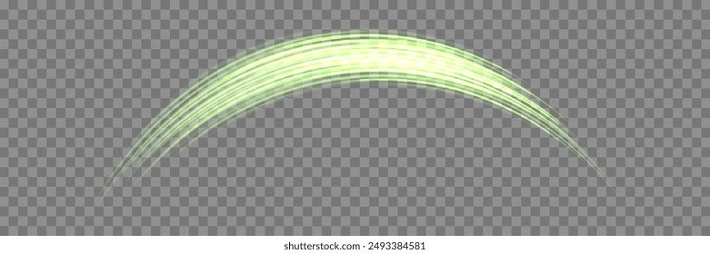 Glowing green lines. Neon realistic energy speed. Abstract light effect on a transparent background. Vector illustration.