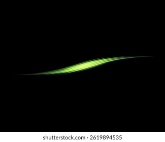 Glowing green lines. Neon realistic energy speed. Abstract light effect on a black background. Vector illustration.