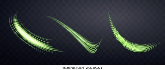Glowing green lines set. Neon realistic energy speed. Abstract light effect on a dark transparent background. Vector illustration.