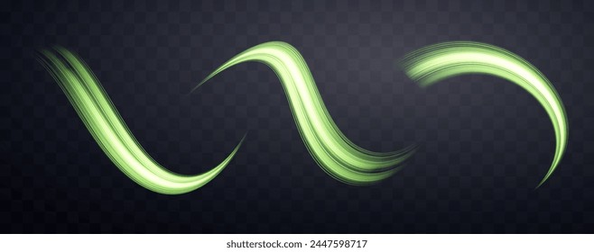Glowing green lines set. Neon realistic energy speed. Abstract light effect on a dark transparent background. Vector illustration.
