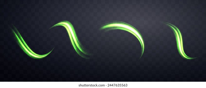 Glowing green lines set. Neon realistic energy speed. Abstract light effect on a dark transparent background. Vector illustration.