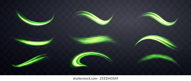 Conjunto de líneas verdes brillantes. Velocidad de energía realista de neón. Efecto de luz Abstractas sobre un fondo transparente oscuro. Ilustración vectorial.