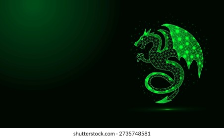 Glowing green low poly dragon wireframe on dark background.