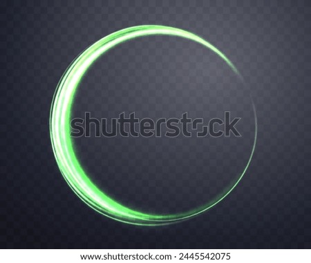 Glowing green magic circle. Neon realistic energy flare halo ring. Abstract light effect on a dark transparent background. Vector illustration.