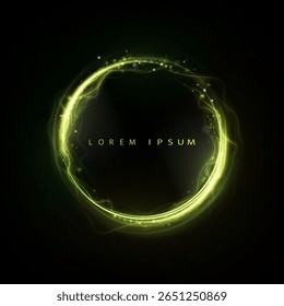 Glowing green magic circle with particles and dynamic glow on black background. Vector effect for illustrations, sci-fi, banners, logos, interfaces and fantasy design.