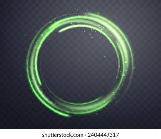 Glowing green magic ring . Neon realistic energy flare halo ring. Abstract light effect on a dark transparent background. Vector illustration.