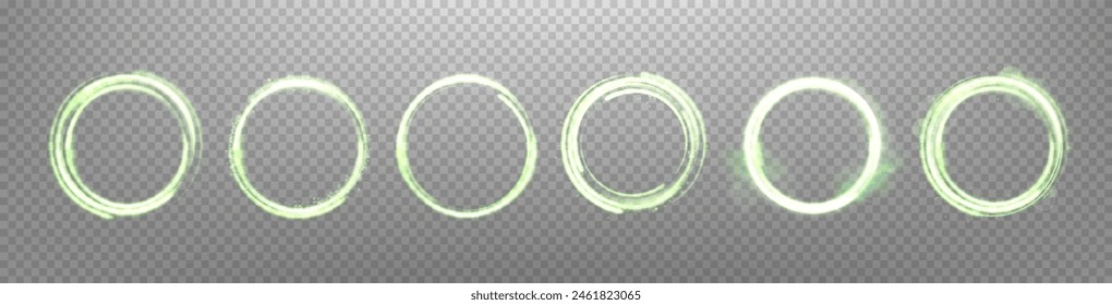 Glowing green magic ring . Neon realistic energy flare halo ring. Abstract light effect on a transparent background. Vector illustration.