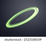 Glowing green magic rings. Dynamic orbital flare halo ring. Neon realistic energy swoosh swirl. Abstract light effect on a dark transparent background. Vector illustration.