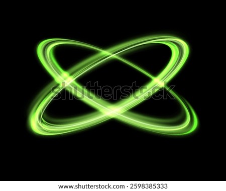 Glowing green magic rings. Dynamic orbital flare halo ring. Neon realistic energy swoosh swirl. Abstract light effect on a black background. Vector illustration.