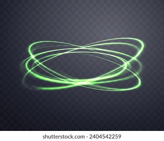Glowing green magic rings. Neon realistic energy swirl. Abstract light effect on a dark transparent background. Vector illustration.