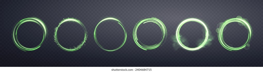 Glowing green magic rings. Neon realistic energy flare halo rings. Abstract light effect on a dark transparent background. Vector illustration.