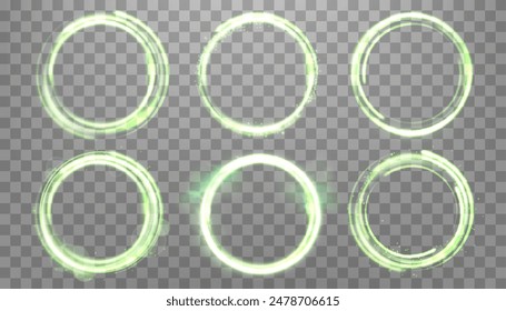 Glowing green magic rings. Neon realistic energy flare halo rings. Abstract light effect on a transparent background. Vector illustration.