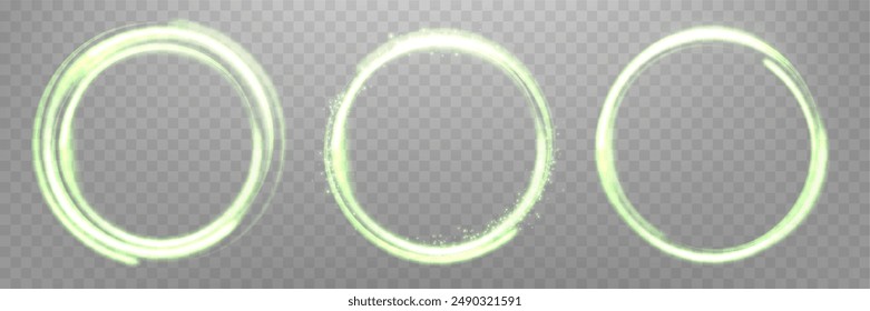 Leuchtende grüne magische Ringe. Neon realistische Energie Flare Halo Ringe. Abstrakter Lichteffekt auf einem durchsichtigen Hintergrund. Vektorillustration.