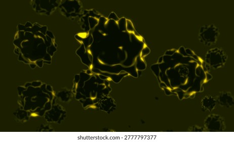 Glowing green microelements float in an abstract space, reminiscent of viral particles or cells under a microscope. The illustration conveys a sense of the microcosm and modern medical technologies.