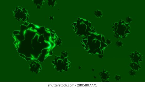 Glowing green microelements float in an abstract space, reminiscent of viral particles or cells under a microscope. The illustration conveys a sense of the microcosm and modern medical technologies.