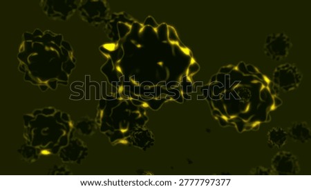 Glowing green microelements float in an abstract space, reminiscent of viral particles or cells under a microscope. The illustration conveys a sense of the microcosm and modern medical technologies.