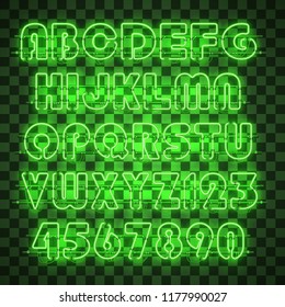 Glowing green neon alphabet with letters from A to Z and digits from 0 to 9 on transparent background. Shining neon effect. Every letter is separate unit with wires, tubes, brackets and holders.