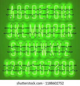 Glowing green neon alphabet with letters from A to Z and digits from 0 to 9 on transparent background. Shining neon effect. Every letter is separate unit with wires, tubes, brackets and holders.