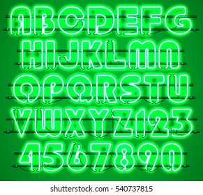 Glowing Green Neon Alphabet with letters from A to Z and digits from 0 to 9 with wires, tubes, brackets and holders. Shining and glowing neon effect. Every letter or digit is separate unit.