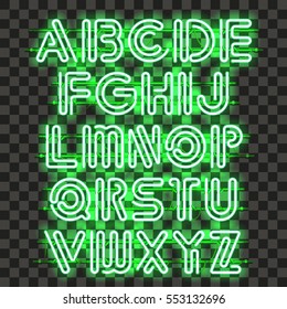 Glowing green Neon Alphabet with letters from A to Z. Shining and glowing neon effect. Every letter is separate unit with wires, tubes, brackets and holders that can be combined with other.