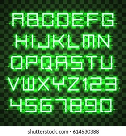 Glowing green Neon Alphabet with letters from A to Z and digits from 0 to 9 with wires, tubes, brackets and holders. Shining and glowing neon effect. Every letter or digit is separate unit.