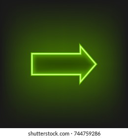 Glowing green neon arrow pointer on dark background. Illuminated direction indicator. Glowing effect on vector illustration.