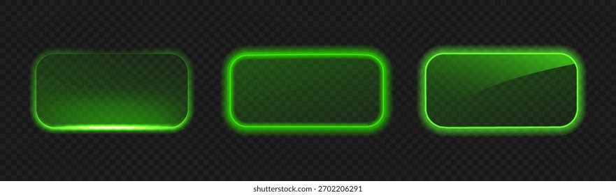 Botón de neón verde brillante. Caja de luz del marco del rectángulo. colección de Anuncio para el diseño de interfaz de usuario de juegos