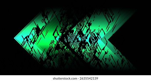 Glowing green neon chevron arrows pointing left on black background, abstract futuristic motion graphic design. EPS 10
