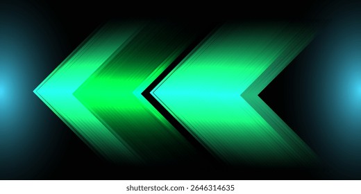 Glowing green neon chevron arrows pointing left on black background, abstract futuristic motion graphic design. vector Eps 10
