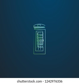 Glowing Green Neon Line Sketch of a Telephone Cabin on Blue Background, Vector Illustration