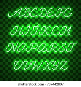 Glowing Green Neon Script Font with uppercase letters from A to Z with wires, tubes, brackets and holders. Shining and glowing neon effect. Vector illustration.