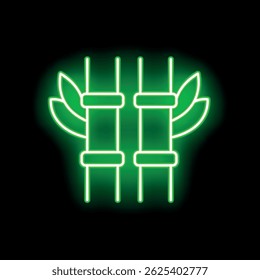 Glowing green neon sign depicting bamboo stems and leaves on a black background
