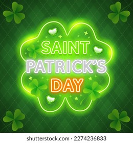 Glowing Green Neon for St. Patrick Day Project. Decorated with emerald hearts and clovers on dark green argyle background. Vector poster illustration for your holiday projects.