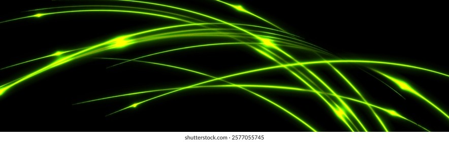 Glowing green neon wavy lines on a dark background. Vector dynamic abstract energy flow with futuristic style