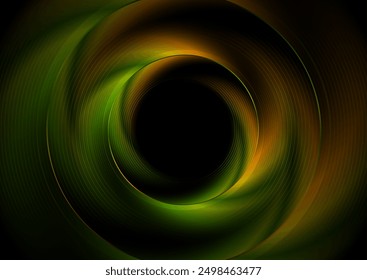 Círculo 3D borroso verde brillante naranja y líneas radiales fondo geométrico abstracto de la tecnología. Diseño futurista de Vector