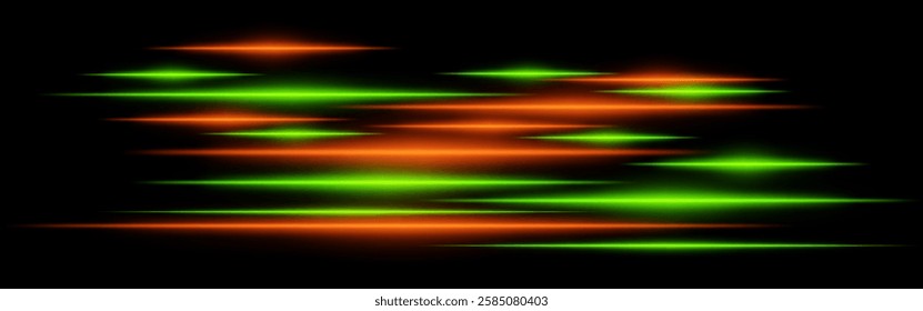 Glowing green and orange light streaks on a black background. Horizontal neon beams create a high-speed motion effect, symbolizing futuristic technology and digital energy. Sci-fi, cyber
