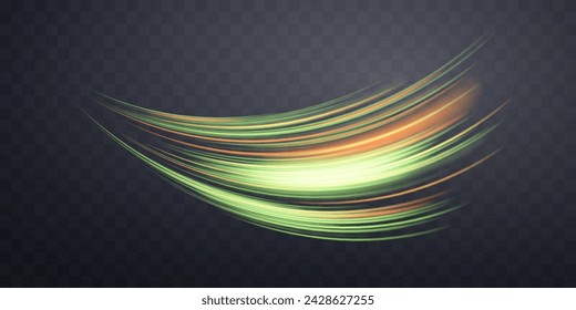 Glowing green and orange lines. Neon realistic energy speed. Abstract light effect on a dark transparent background. Vector illustration.