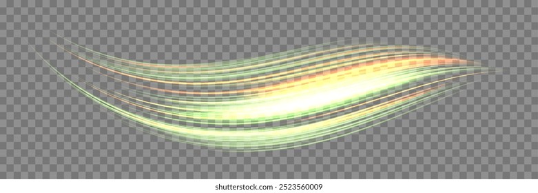 Glowing green and orange lines. Neon realistic energy speed. Abstract light effect on a transparent background. Vector illustration.