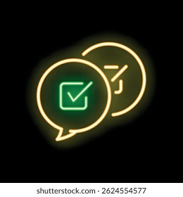 Glowing green and orange neon speech bubbles confirming agreement
