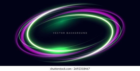 Glowing green and pink ring overlapping on dark background. Hi speed movement light effect concept. Vector illustration