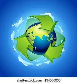 Glowing green planet Earth inside recycling symbol. recycle arrows earth