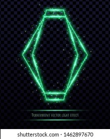 Glowing green polygonal frame with light effects isolated on transparent background. Shining multangular border with glowing sparkles.