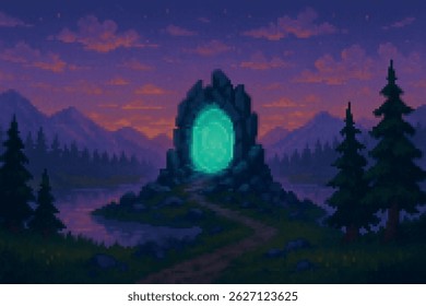 A glowing green portal embedded in rock opens near a tranquil river at sunset, surrounded by pine trees and glowing sky.