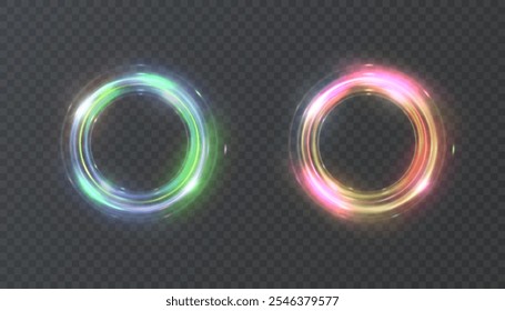 Grüner und roter Kreis auf transparentem Hintergrund. Leuchtender Ring mit heller Hintergrundbeleuchtung. Runder Rahmen mit hellem Glanz. Luxuselement für Werbung. Vektorgrafik