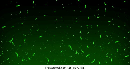 Fagulhas verdes brilhantes e efeito de fogo mágico com fumaça, nevoeiro e névoa tóxica. Fundo escuro abstrato com partículas voadoras, brilho de néon e textura de luz de fadas festiva. Ilustração vetorial